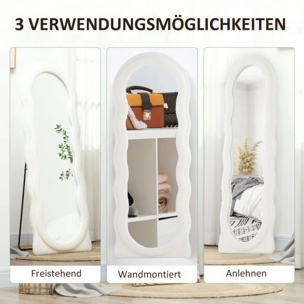 Volledige lichaamsspiegel 160 x 60 cm gebogen staande spiegel met golfontwerp breukbestendig glas fluweel frame wandspiegel spiegel vloerspiegel voor woonkamer, slaapkamer, gang, wit 7