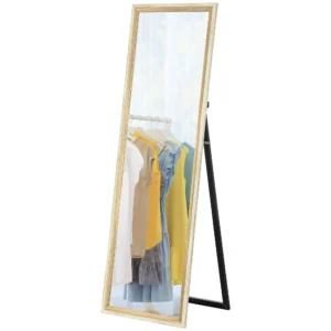 Volledige lichaamsspiegel, 162,6 x 53,5 cm staande spiegel met standaard, wandspiegel voor woonkamer, slaapkamer, kleedkamer wit+natuurhout 1
