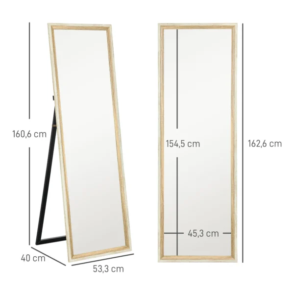 Volledige lichaamsspiegel, 162,6 x 53,5 cm staande spiegel met standaard, wandspiegel voor woonkamer, slaapkamer, kleedkamer wit+natuurhout 4