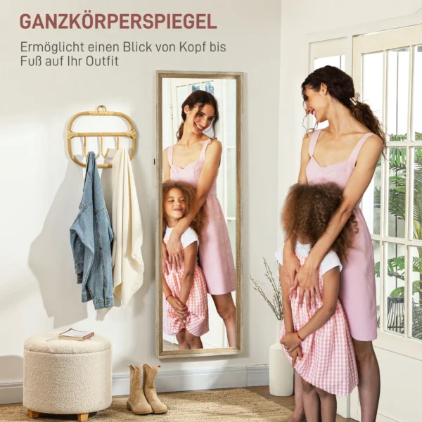 Volledige lichaamsspiegel, 162,6 x 53,5 cm staande spiegel met standaard, wandspiegel voor woonkamer, slaapkamer, kleedkamer wit+natuurhout 5