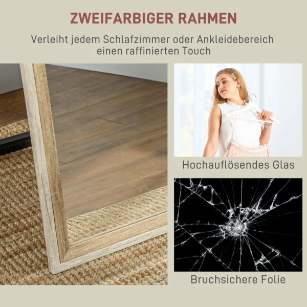 Volledige lichaamsspiegel, 162,6 x 53,5 cm staande spiegel met standaard, wandspiegel voor woonkamer, slaapkamer, kleedkamer wit+natuurhout 6