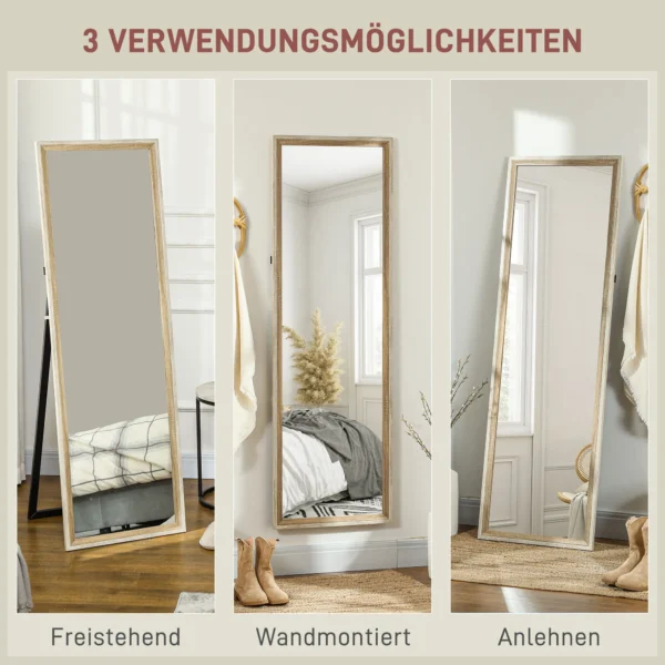 Volledige lichaamsspiegel, 162,6 x 53,5 cm staande spiegel met standaard, wandspiegel voor woonkamer, slaapkamer, kleedkamer wit+natuurhout 7