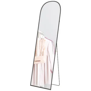 Volledige lichaamsspiegel 169 x 49 cm gebogen staande spiegel met breukvast glas en aluminium frame, wandspiegel om tegen te leunen, staand, spiegel voor woonkamer, slaapkamer, gang, zwart 1