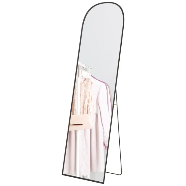 Volledige lichaamsspiegel 169 x 49 cm gebogen staande spiegel met breukvast glas en aluminium frame, wandspiegel om tegen te leunen, staand, spiegel voor woonkamer, slaapkamer, gang, zwart 1