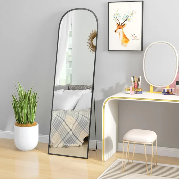 Volledige lichaamsspiegel 169 x 49 cm gebogen staande spiegel met breukvast glas en aluminium frame, wandspiegel om tegen te leunen, staand, spiegel voor woonkamer, slaapkamer, gang, zwart 10