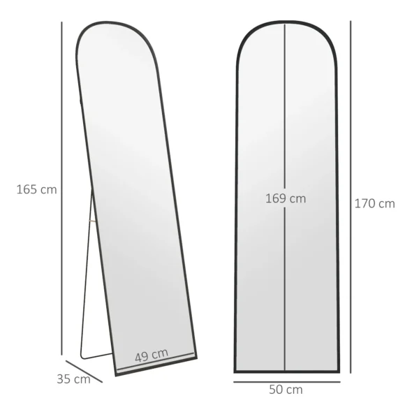 Volledige lichaamsspiegel 169 x 49 cm gebogen staande spiegel met breukvast glas en aluminium frame, wandspiegel om tegen te leunen, staand, spiegel voor woonkamer, slaapkamer, gang, zwart 4