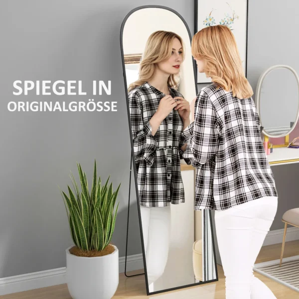 Volledige lichaamsspiegel 169 x 49 cm gebogen staande spiegel met breukvast glas en aluminium frame, wandspiegel om tegen te leunen, staand, spiegel voor woonkamer, slaapkamer, gang, zwart 5