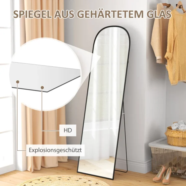 Volledige lichaamsspiegel 169 x 49 cm gebogen staande spiegel met breukvast glas en aluminium frame, wandspiegel om tegen te leunen, staand, spiegel voor woonkamer, slaapkamer, gang, zwart 6
