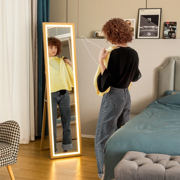 Volledige lichaamsspiegel 40 x 160 cm staande spiegel met led verlichting, 3 lichtkleuren, wandspiegel met touch bediening, vloerspiegel voor slaapkamer, woonkamer, eik 2