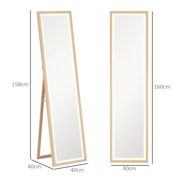 Volledige lichaamsspiegel 40 x 160 cm staande spiegel met led verlichting, 3 lichtkleuren, wandspiegel met touch bediening, vloerspiegel voor slaapkamer, woonkamer, eik 4