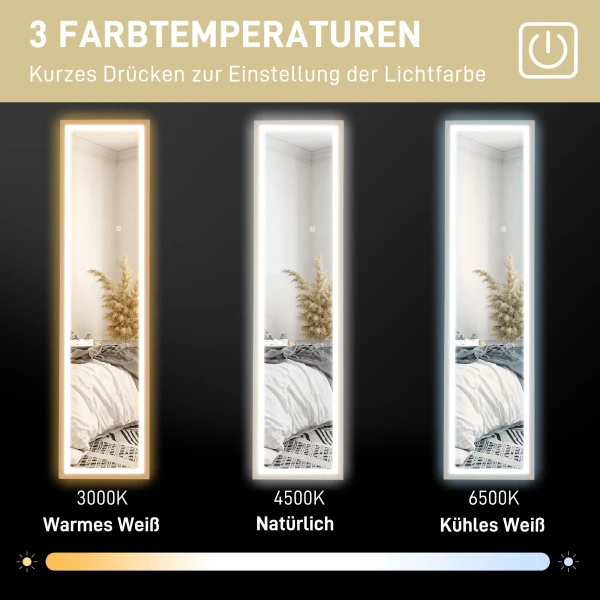 Volledige lichaamsspiegel 40 x 160 cm staande spiegel met led verlichting, 3 lichtkleuren, wandspiegel met touch bediening, vloerspiegel voor slaapkamer, woonkamer, eik 7