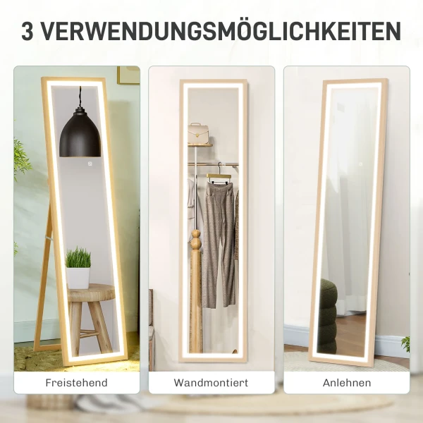 Volledige lichaamsspiegel 40 x 160 cm staande spiegel met led verlichting, 3 lichtkleuren, wandspiegel met touch bediening, vloerspiegel voor slaapkamer, woonkamer, eik 8