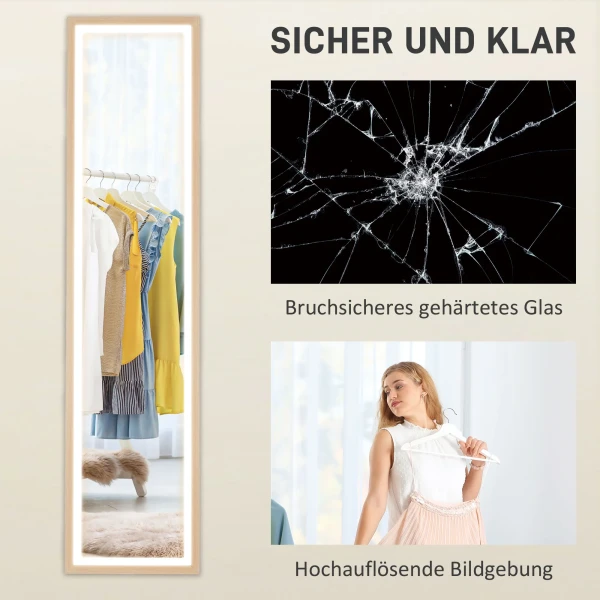 Volledige lichaamsspiegel 40 x 160 cm staande spiegel met led verlichting, 3 lichtkleuren, wandspiegel met touch bediening, vloerspiegel voor slaapkamer, woonkamer, eik 9