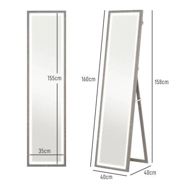 Volledige lichaamsspiegel 40 x 160 cm staande spiegel met led verlichting, 3 lichtkleuren, wandspiegel met touch bediening, vloerspiegel voor slaapkamer, woonkamer, grijs 4