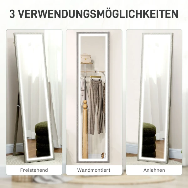 Volledige lichaamsspiegel 40 x 160 cm staande spiegel met led verlichting, 3 lichtkleuren, wandspiegel met touch bediening, vloerspiegel voor slaapkamer, woonkamer, grijs 8