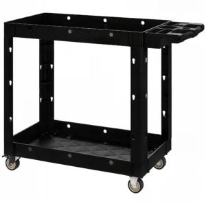 Werkplaats rolwagen met 2 verdiepingen, gereedschapswagen met zijhandvat, haakgaten werkplaatswagen voor garage, magazijn, max. 227 kg belastbaar, zwart 1