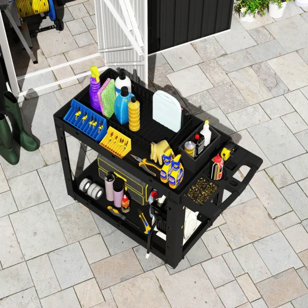 Werkplaats rolwagen met 2 verdiepingen, gereedschapswagen met zijhandvat, haakgaten werkplaatswagen voor garage, magazijn, max. 227 kg belastbaar, zwart 10