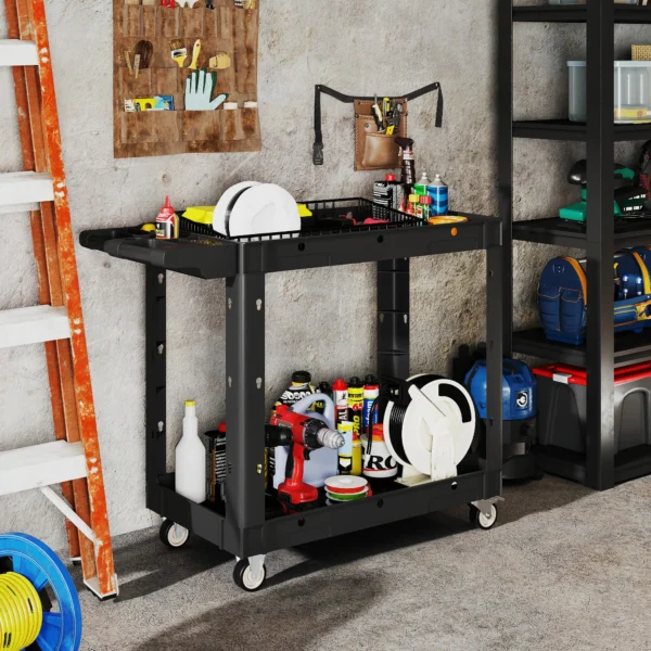 Werkplaats rolwagen met 2 verdiepingen, gereedschapswagen met zijhandvat, haakgaten werkplaatswagen voor garage, magazijn, max. 227 kg belastbaar, zwart 2
