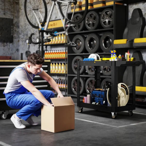 Werkplaats rolwagen met 2 verdiepingen, gereedschapswagen met zijhandvat, haakgaten werkplaatswagen voor garage, magazijn, max. 227 kg belastbaar, zwart 8