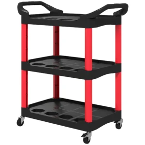 Werkplaats rolwagen met 3 niveaus, gereedschapswagen met handvat, haakgaten voor gereedschap montagewagen voor garage, magazijn, max. 91 kg belastbaar, rood+zwart 1