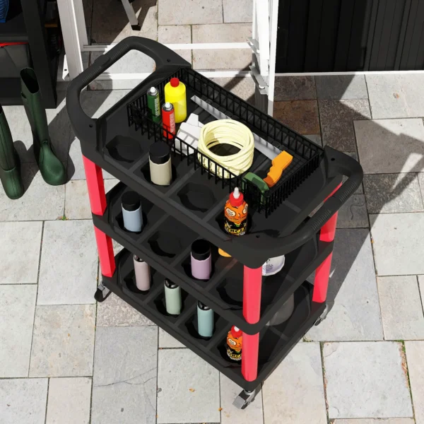 Werkplaats rolwagen met 3 niveaus, gereedschapswagen met handvat, haakgaten voor gereedschap montagewagen voor garage, magazijn, max. 91 kg belastbaar, rood+zwart 10