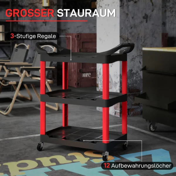 Werkplaats rolwagen met 3 niveaus, gereedschapswagen met handvat, haakgaten voor gereedschap montagewagen voor garage, magazijn, max. 91 kg belastbaar, rood+zwart 5