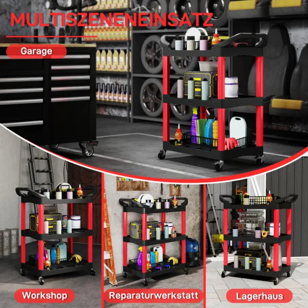 Werkplaats rolwagen met 3 niveaus, gereedschapswagen met handvat, haakgaten voor gereedschap montagewagen voor garage, magazijn, max. 91 kg belastbaar, rood+zwart 7
