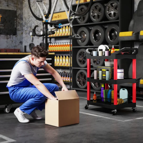 Werkplaats rolwagen met 3 niveaus, gereedschapswagen met handvat, haakgaten voor gereedschap montagewagen voor garage, magazijn, max. 91 kg belastbaar, rood+zwart 8