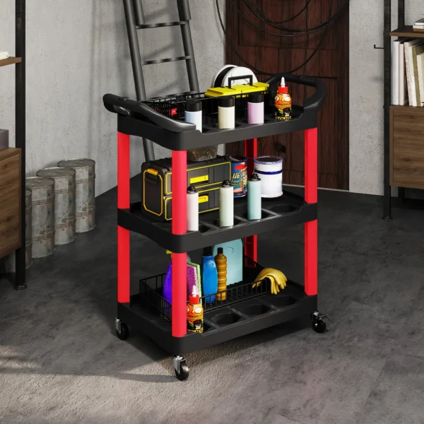 Werkplaats rolwagen met 3 niveaus, gereedschapswagen met handvat, haakgaten voor gereedschap montagewagen voor garage, magazijn, max. 91 kg belastbaar, rood+zwart 9