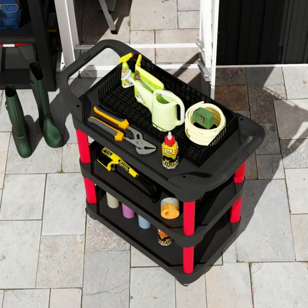 Werkplaats rolwagen met 3 niveaus, werkplaatswagen met handvat, gereedschapswagen montagewagen voor garage, magazijn, max. 68 kg draagvermogen, zwart 10