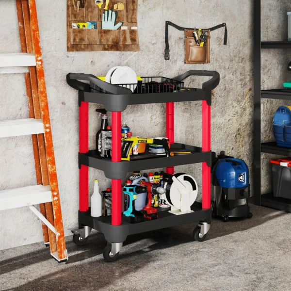 Werkplaats rolwagen met 3 niveaus, werkplaatswagen met handvat, gereedschapswagen montagewagen voor garage, magazijn, max. 68 kg draagvermogen, zwart 2