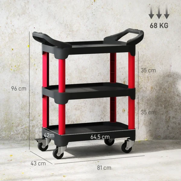 Werkplaats rolwagen met 3 niveaus, werkplaatswagen met handvat, gereedschapswagen montagewagen voor garage, magazijn, max. 68 kg draagvermogen, zwart 4