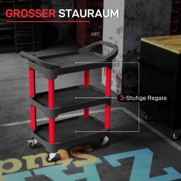 Werkplaats rolwagen met 3 niveaus, werkplaatswagen met handvat, gereedschapswagen montagewagen voor garage, magazijn, max. 68 kg draagvermogen, zwart 5