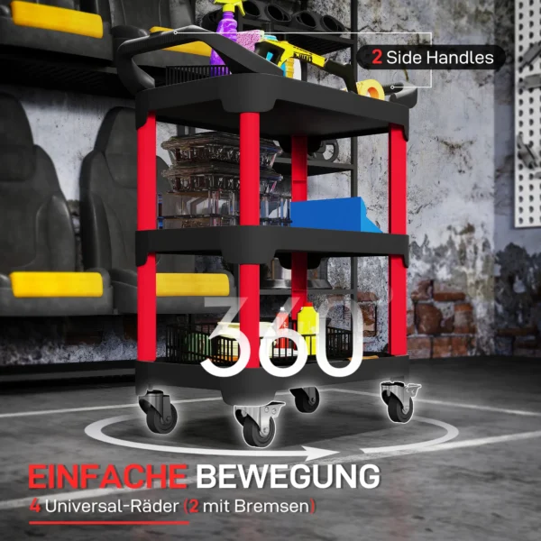 Werkplaats rolwagen met 3 niveaus, werkplaatswagen met handvat, gereedschapswagen montagewagen voor garage, magazijn, max. 68 kg draagvermogen, zwart 6