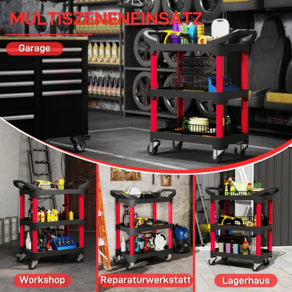 Werkplaats rolwagen met 3 niveaus, werkplaatswagen met handvat, gereedschapswagen montagewagen voor garage, magazijn, max. 68 kg draagvermogen, zwart 7
