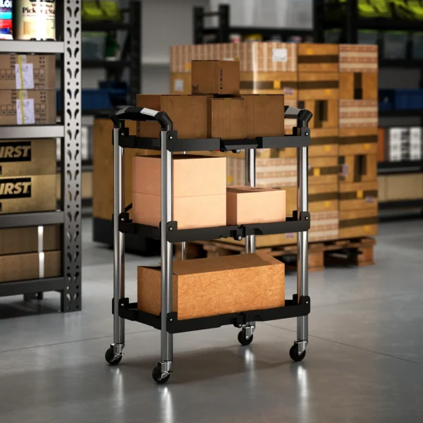Werkplaats rolwagen met 3 verdiepingen, opvouwbare gereedschapswagen met handvat, montagewagen werkplaatswagen voor magazijn, garage, tot 68 kg belastbaar, zwart 10