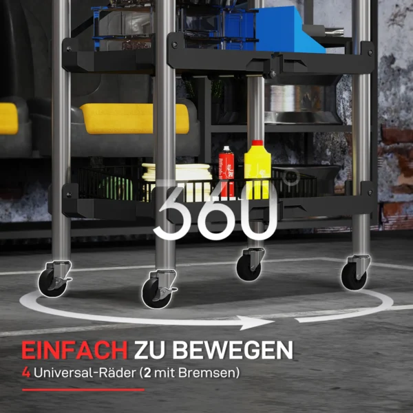 Werkplaats rolwagen met 3 verdiepingen, opvouwbare gereedschapswagen met handvat, montagewagen werkplaatswagen voor magazijn, garage, tot 68 kg belastbaar, zwart 6
