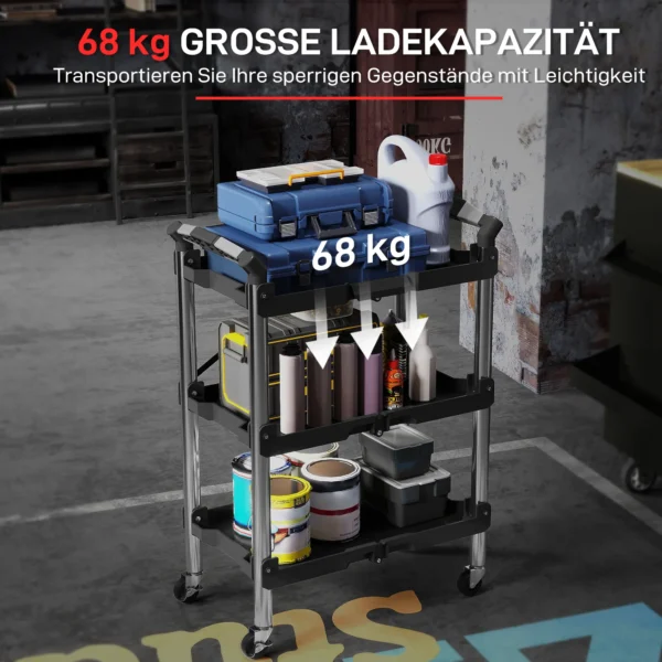 Werkplaats rolwagen met 3 verdiepingen, opvouwbare gereedschapswagen met handvat, montagewagen werkplaatswagen voor magazijn, garage, tot 68 kg belastbaar, zwart 7