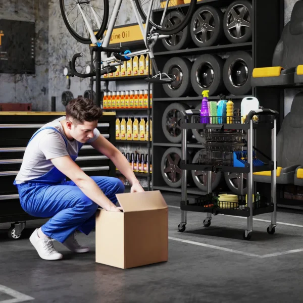 Werkplaats rolwagen met 3 verdiepingen, opvouwbare gereedschapswagen met handvat, montagewagen werkplaatswagen voor magazijn, garage, tot 68 kg belastbaar, zwart 8