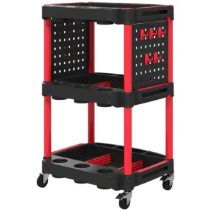Werkplaats rolwagen met 3 verdiepingen, zijgatplanken, gereedschapswagen met 10 haken, haakgaten werkplaatswagen voor gereedschap voor garage, magazijn, max. 91 kg belastbaar, zwart 1