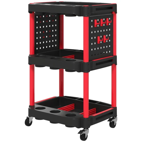 Werkplaats rolwagen met 3 verdiepingen, zijgatplanken, gereedschapswagen met 10 haken, haakgaten werkplaatswagen voor gereedschap voor garage, magazijn, max. 91 kg belastbaar, zwart 1