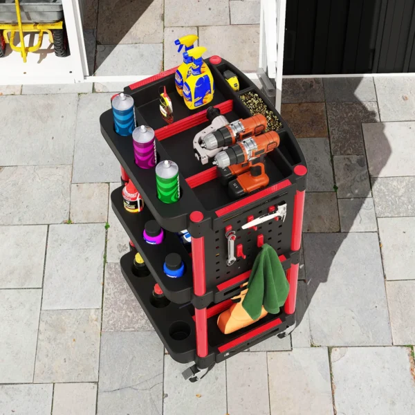 Werkplaats rolwagen met 3 verdiepingen, zijgatplanken, gereedschapswagen met 10 haken, haakgaten werkplaatswagen voor gereedschap voor garage, magazijn, max. 91 kg belastbaar, zwart 10