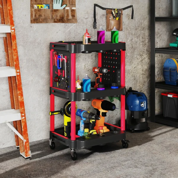 Werkplaats rolwagen met 3 verdiepingen, zijgatplanken, gereedschapswagen met 10 haken, haakgaten werkplaatswagen voor gereedschap voor garage, magazijn, max. 91 kg belastbaar, zwart 2