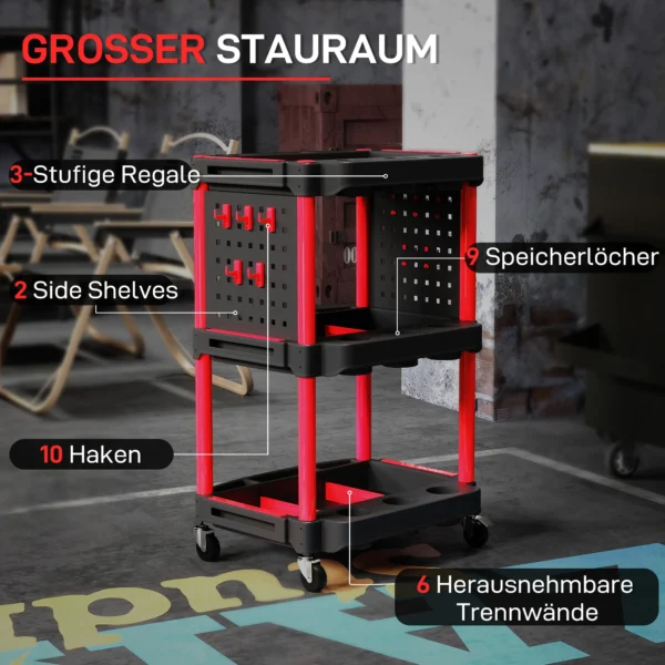 Werkplaats rolwagen met 3 verdiepingen, zijgatplanken, gereedschapswagen met 10 haken, haakgaten werkplaatswagen voor gereedschap voor garage, magazijn, max. 91 kg belastbaar, zwart 5