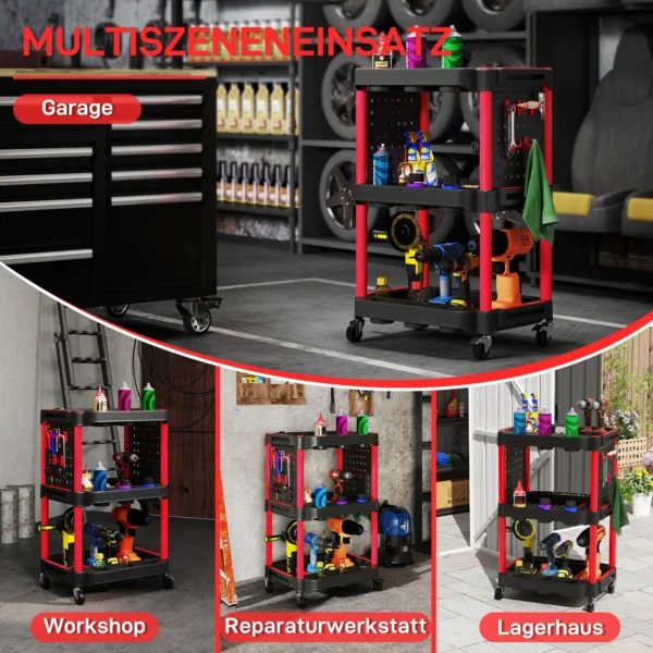 Werkplaats rolwagen met 3 verdiepingen, zijgatplanken, gereedschapswagen met 10 haken, haakgaten werkplaatswagen voor gereedschap voor garage, magazijn, max. 91 kg belastbaar, zwart 7