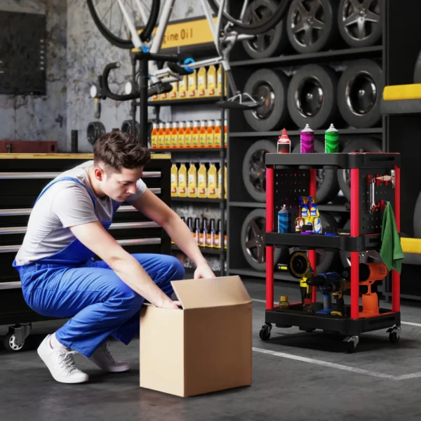 Werkplaats rolwagen met 3 verdiepingen, zijgatplanken, gereedschapswagen met 10 haken, haakgaten werkplaatswagen voor gereedschap voor garage, magazijn, max. 91 kg belastbaar, zwart 8