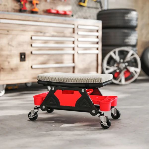 Werkplaatskruk met rollen, opbergruimte, lade, 35cm hoog, rolkruk tot 135 kg belastbaar, werkkruk, rolstoel, werkplaatsstoel voor werkplaats, grijs 10