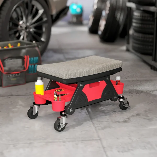 Werkplaatskruk met rollen, opbergruimte, lade, 35cm hoog, rolkruk tot 135 kg belastbaar, werkkruk, rolstoel, werkplaatsstoel voor werkplaats, grijs 2