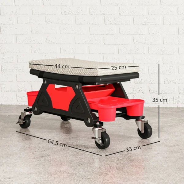Werkplaatskruk met rollen, opbergruimte, lade, 35cm hoog, rolkruk tot 135 kg belastbaar, werkkruk, rolstoel, werkplaatsstoel voor werkplaats, grijs 4