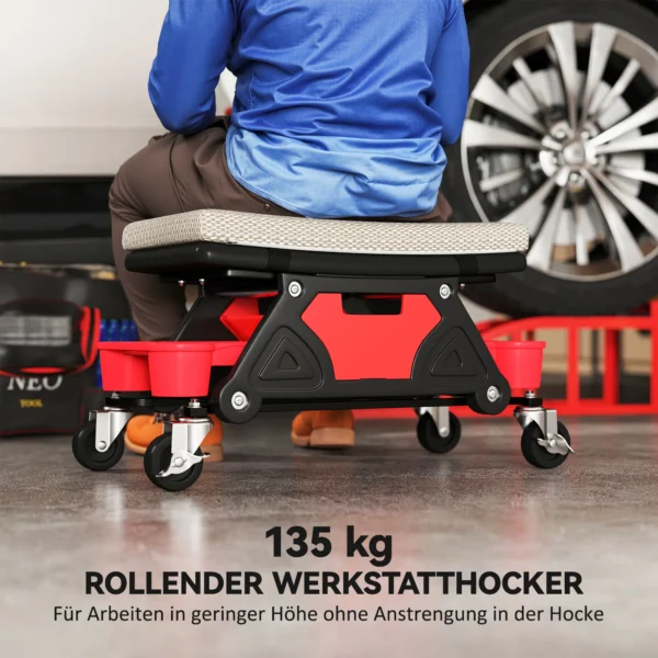 Werkplaatskruk met rollen, opbergruimte, lade, 35cm hoog, rolkruk tot 135 kg belastbaar, werkkruk, rolstoel, werkplaatsstoel voor werkplaats, grijs 5